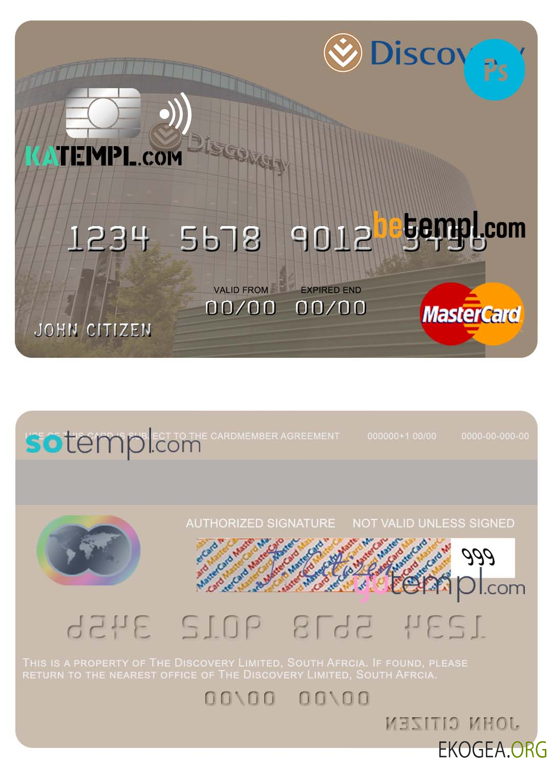 Modèle de carte de crédit mastercard South Africa Discovery Limited au format PSD